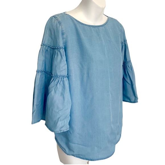 J.Jill Bell Ruffle Sleeve Top Shirt Blouse Chambray Denim Blue Small Petite - Picture 2 of 15